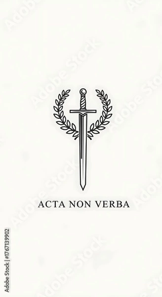 Fototapeta Ancient Roman Sword and Laurel Wreath with Latin Motto on White Background.