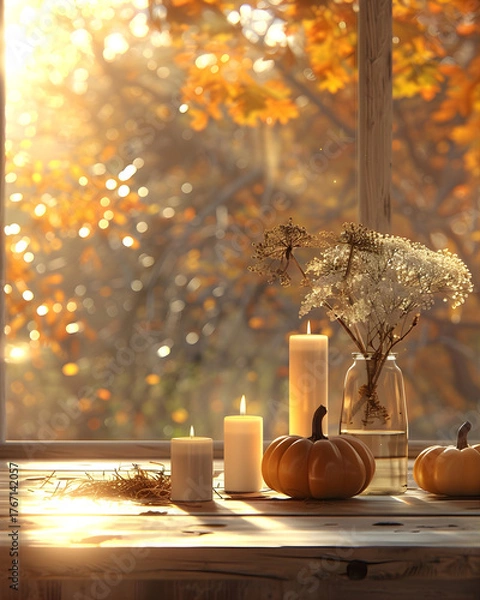 Fototapeta Cozy Fall Table Setting with Candles, Pumpkins, and Warm Light – Autumn Aesthetic Interior Scene