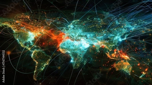 Fototapeta Global Network Connectivity Abstract World Map