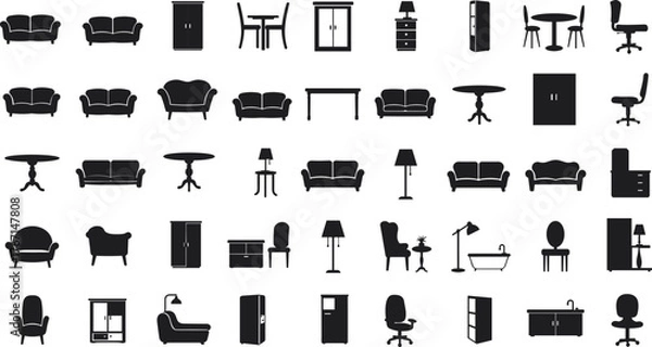 Obraz Collection of black furniture icons on white background sofa chair
