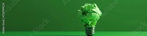 Fototapeta Crumbled Green Paper Bulb - Idea and Recycle