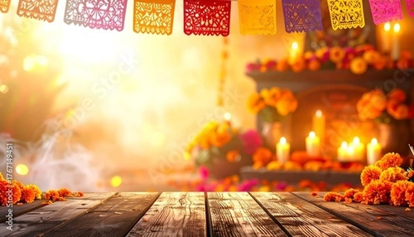 Fototapeta Traditional Day of the Dead ofrenda altar with marigolds and papel picado