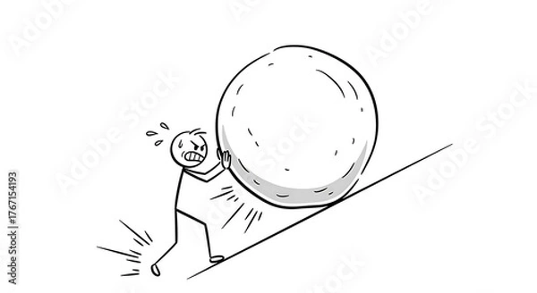 Obraz Cartoon Stick Figure Man Vigorously Pushing a Large Boulder Uphill, Illustrating the Concept of Intense Effort, Perseverance, and Overcoming Significant Challenges Through Hard Work and Determination