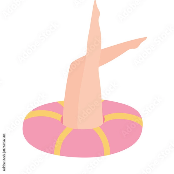 Obraz Pair Of Legs Emerging From A Pink And Yellow Inflatable Ring With A White Background