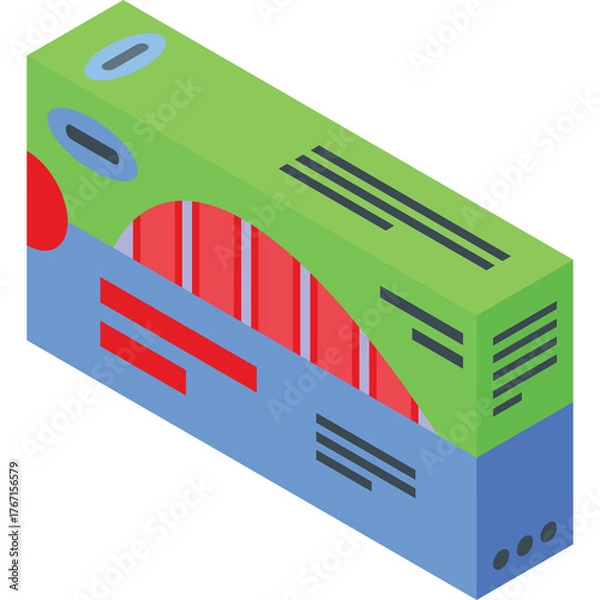 Fototapeta Isometric Packaging Box with Green Top Blue Bottom and Red Curved Design Elements