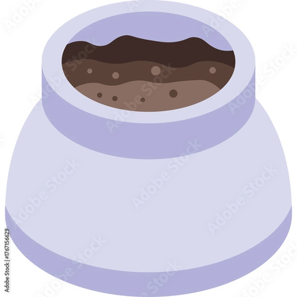 Fototapeta Isometric pale purple pot filled with rich dark soil and organic matter on a clean white background with a transparent background element suggesting growth and nature