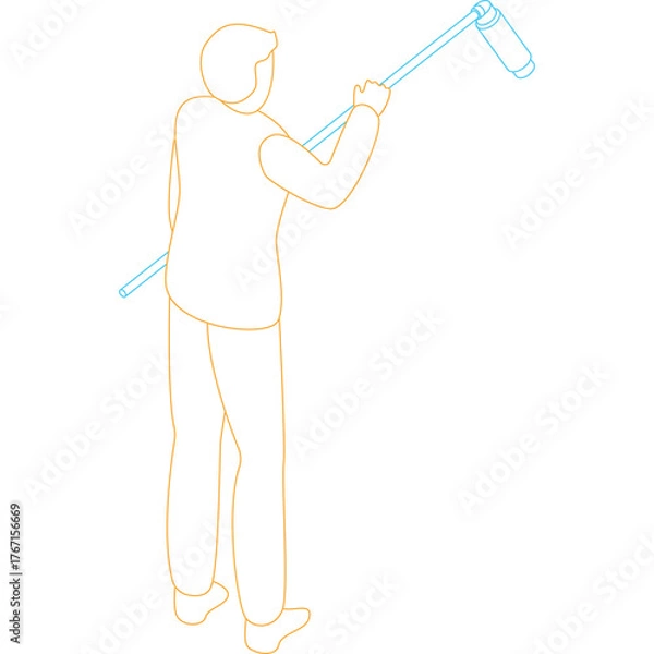 Obraz Isometric outline of a person holding a long pole with a roller attachment suggesting cleaning or painting activity in a simplified graphic style.