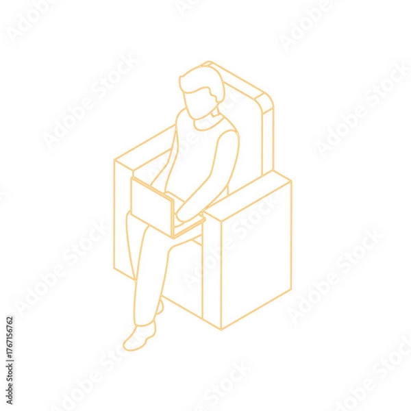 Fototapeta Isometric Outline Of A Person Sitting In A Chair Holding A Laptop With A Transparent Background