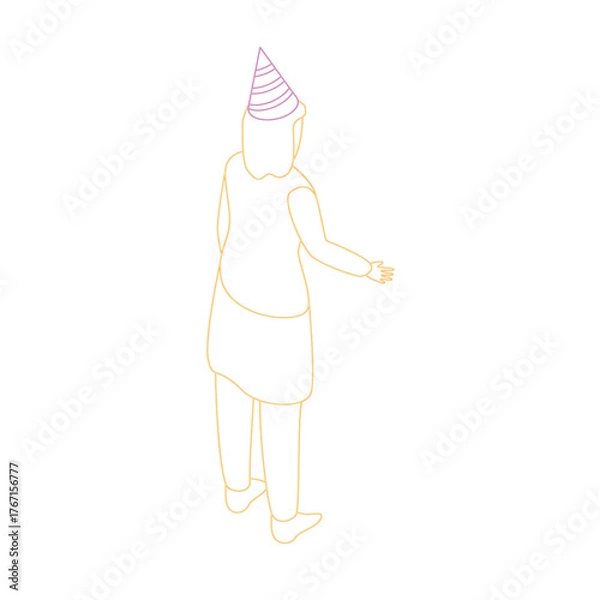 Obraz Isometric Outline of a Person Wearing a Party Hat in Purple and Orange with a Transparent Background