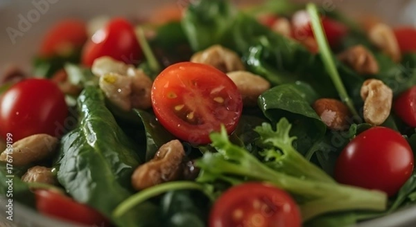 Fototapeta Fresh salad with spinach, tomatoes, and nuts, a healthy and vibrant dish.