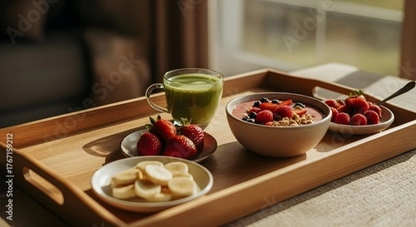 Fototapeta Breakfast tray with smoothie, berries, and banana slices by window.