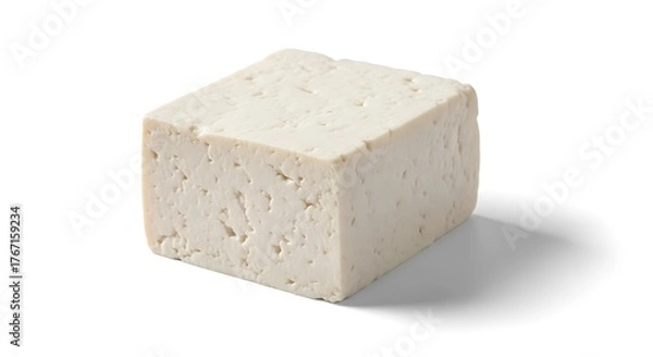 Fototapeta A single block of firm white tofu on a white background with a subtle shadow.