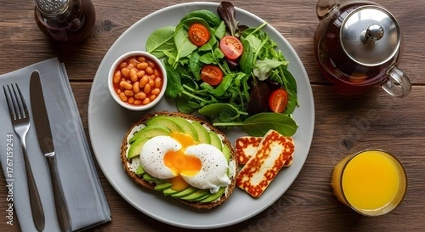 Fototapeta Healthy breakfast plate with avocado toast, poached eggs, beans, and salad.