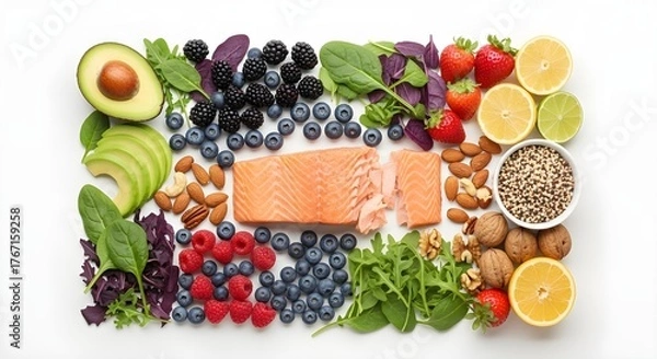 Fototapeta Healthy food arrangement with salmon, avocado, berries, nuts, and citrus fruits.