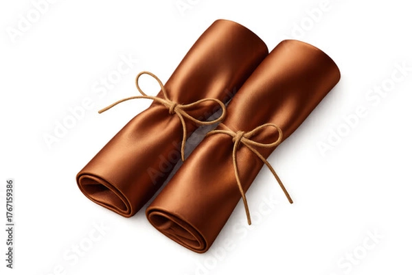Obraz Rolled copper satin napkins tied with twine rope