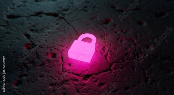 Fototapeta Glowing pink padlock on cracked surface security and protection concept