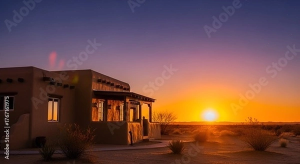 Fototapeta Adobe building under vibrant sunset in a vast desert landscape setting