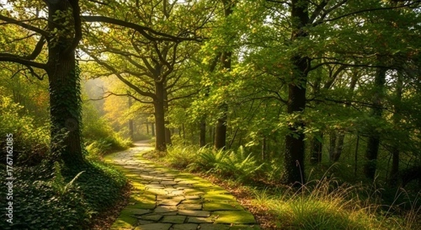 Fototapeta Pathway through a Lush Green Forest with Sunlight Streaming Through the Trees