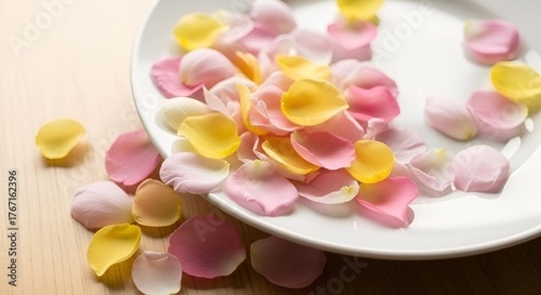 Fototapeta Delicate rose petals in soft hues on a white plate creating a romantic mood