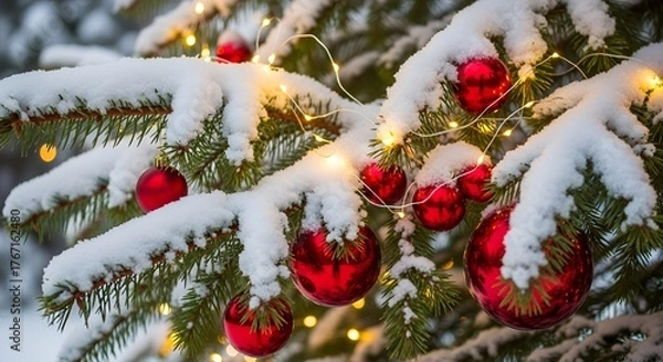 Obraz Festive christmas tree adorned with snow, red ornaments, and sparkling lights