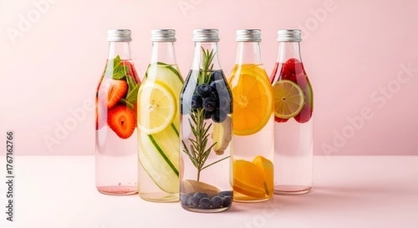 Fototapeta Colorful Infused Water Bottles with Fresh Fruits and Herbs on Pink Background