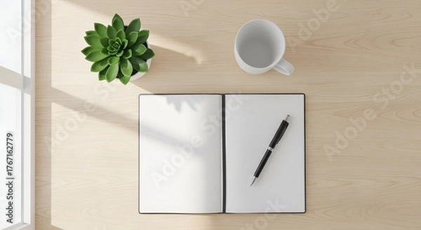 Fototapeta Minimalist Workspace with Notebook, Pen, Succulent and Sunlight on Wooden Desk