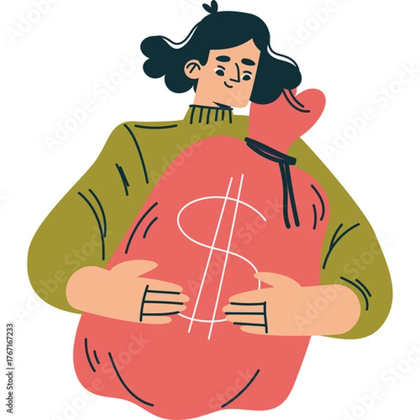 Obraz Person Embracing Large Red Money Bag With Dollar Sign Graphic And Transparent Background For Financial Success Concept