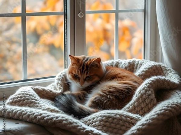 Obraz Cozy Autumn Retreat: Cat Snuggled by the Window