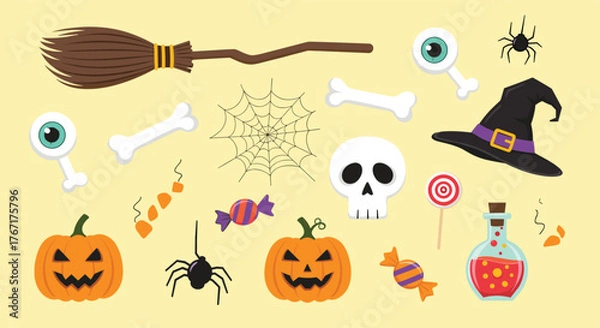 Fototapeta A fun and spooky collection of cartoon Halloween elements including jack-o'-lanterns, witches' items, candy, and creepy creatures on a light background.