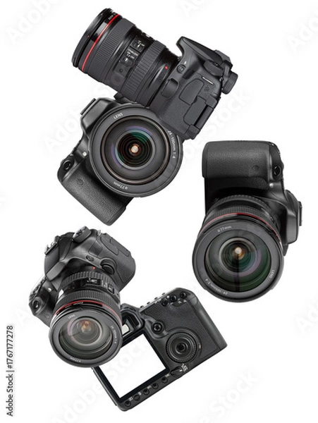 Fototapeta dynamic composition of professional digital slr cameras floating in various orientations, highlighting high tech photographic and video recording gear.