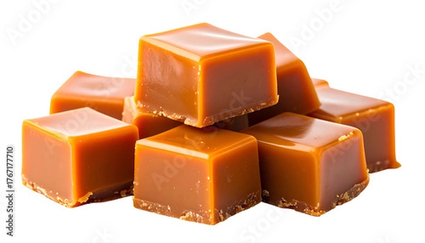Fototapeta Pile of glossy, golden-brown, square caramel candies, isolated on transparent background