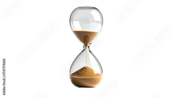 Obraz A clear glass hourglass with brown sand partially drained, set against a stark black background