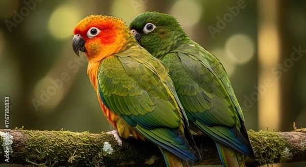 Fototapeta Two colorful parrots perched on a moss covered branch in a lush forest