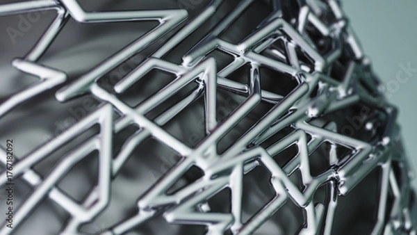 Fototapeta Macro shot of a shiny metal lattice network forming a complex polygonal shape