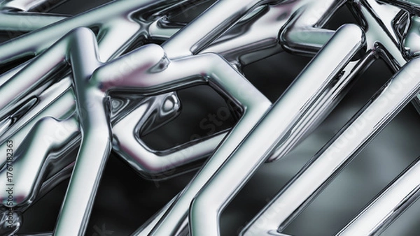 Fototapeta 3D render of an abstract metallic wireframe structure with smooth chrome surfaces