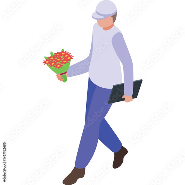 Obraz Person Walking Holding a Bouquet of Red and Yellow Flowers and a Tablet Computer in an Isometric View