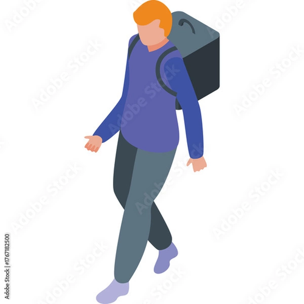 Obraz Person Walking With Backpack Full Side View Isometric Perspective Detailed Flat Vector Illustration On White Background Clean Design