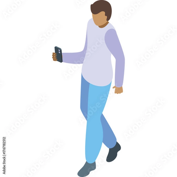 Obraz Person Walking While Holding Smartphone Full Body Shot Isometric View With Transparent Background In Light Blue Pants And Lavender Long Sleeved Shirt