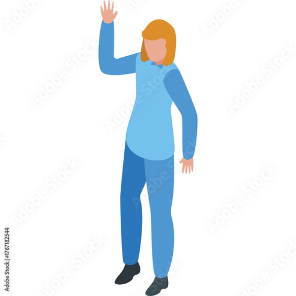 Obraz Person Waving Hand Isolated On White Background Featuring Light Blue And Dark Blue Outfit