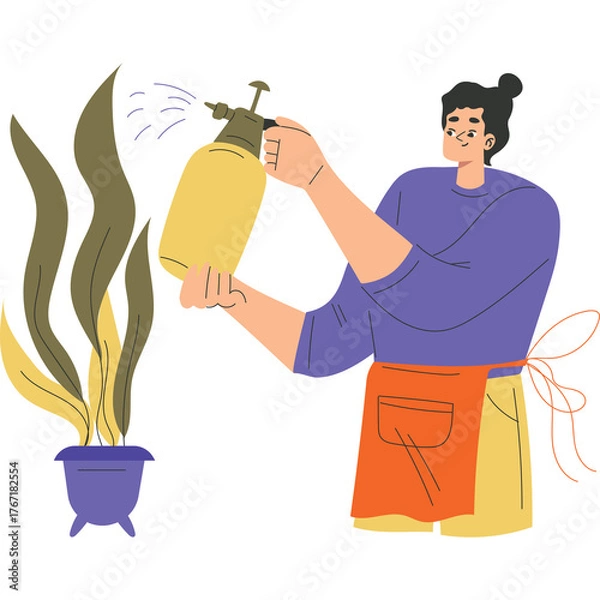 Obraz Person Watering a Plant with a Sprayer in a Purple Pot with a Purple Top and Orange Apron in a Clean Illustration Style