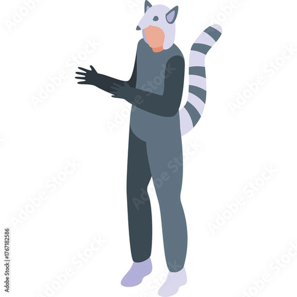 Obraz Person Wearing A Gray Raccoon Costume With A Striped Tail Standing On A Transparent Background In An Isometric View