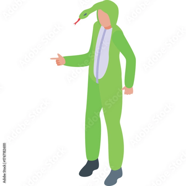 Obraz Person Wearing a Green Snake Costume with Red Tongue and Dark Gray Shoes Pointing to the Left Against a Transparent White Background