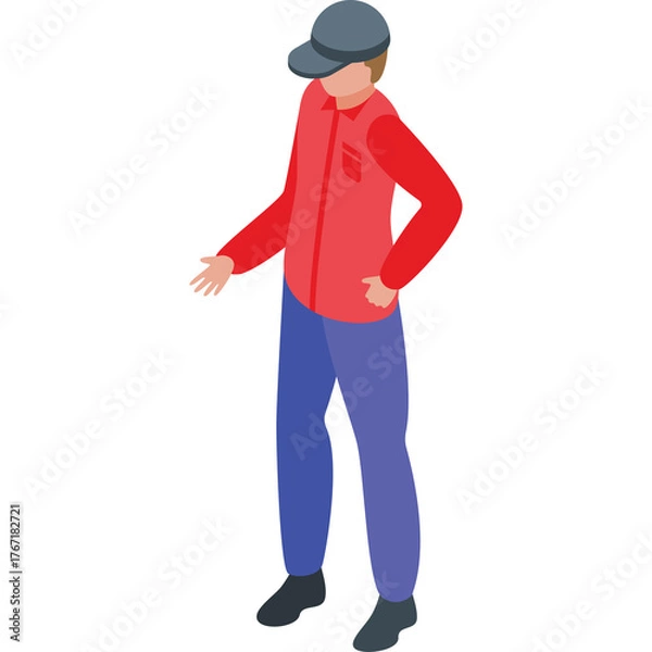 Obraz Person Wearing A Red Vest And Blue Pants With A Baseball Cap Standing On A White Background Showing One Hand Forward With Open Palm Facing Up