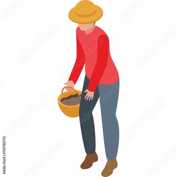 Obraz Person Wearing A Straw Hat And Red Shirt Bending Down Holding A Bucket Of Soil With Transparent Background
