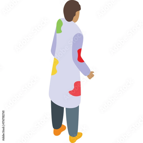 Fototapeta Person Wearing A White Lab Coat With Colorful Paint Splatters And Dark Trousers Standing Against A Transparent Background