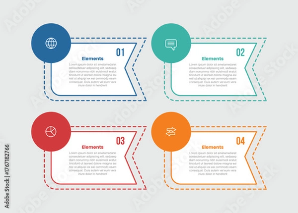 Fototapeta 4 elements infographic comparison diagram with rectangle box with sharp curve ribbon style with circle badge with 4 step for slide presentation