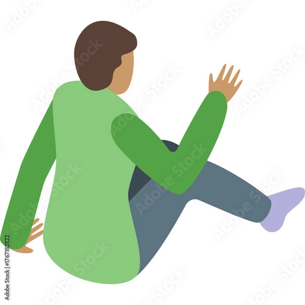 Obraz Person sitting in a relaxed pose wearing a green long sleeve shirt and blue pants with a white sock and reaching out their hand with a brown background