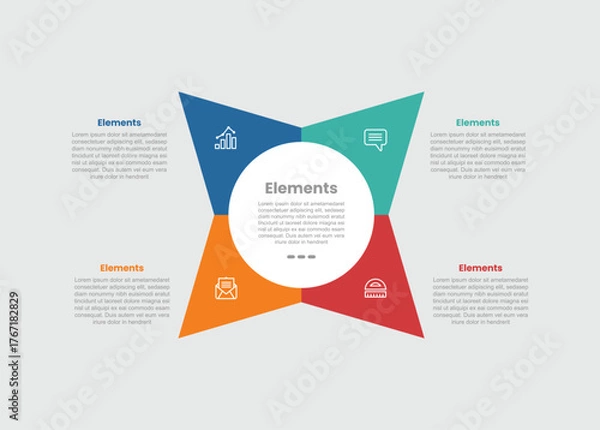 Fototapeta 4 elements infographic comparison diagram with tilt star shuriken with big circle center and sharp edge with 4 step for slide presentation