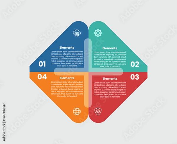 Fototapeta 4 elements infographic comparison diagram with creative round rhombus part section with 4 step for slide presentation