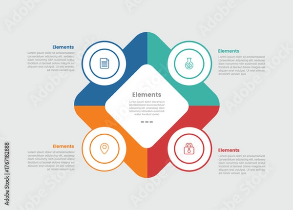 Fototapeta 4 elements infographic comparison diagram with rhombus diamond shape with circle badge side on quadrant structure with 4 step for slide presentation